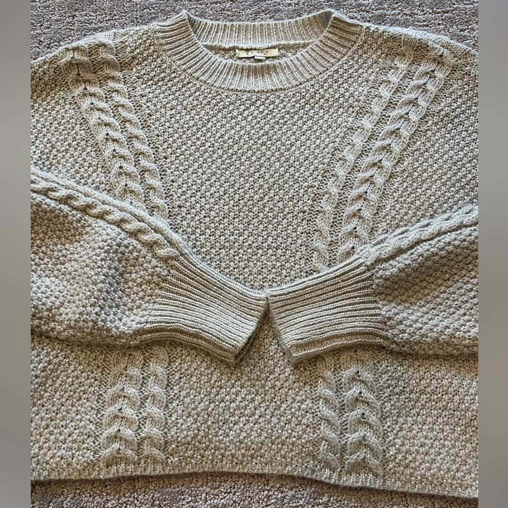 Z Supply Eternal Metallic Light Gray Cable Knit Sweater, Crew Neck, Holiday, XS - Picture 14 of 16